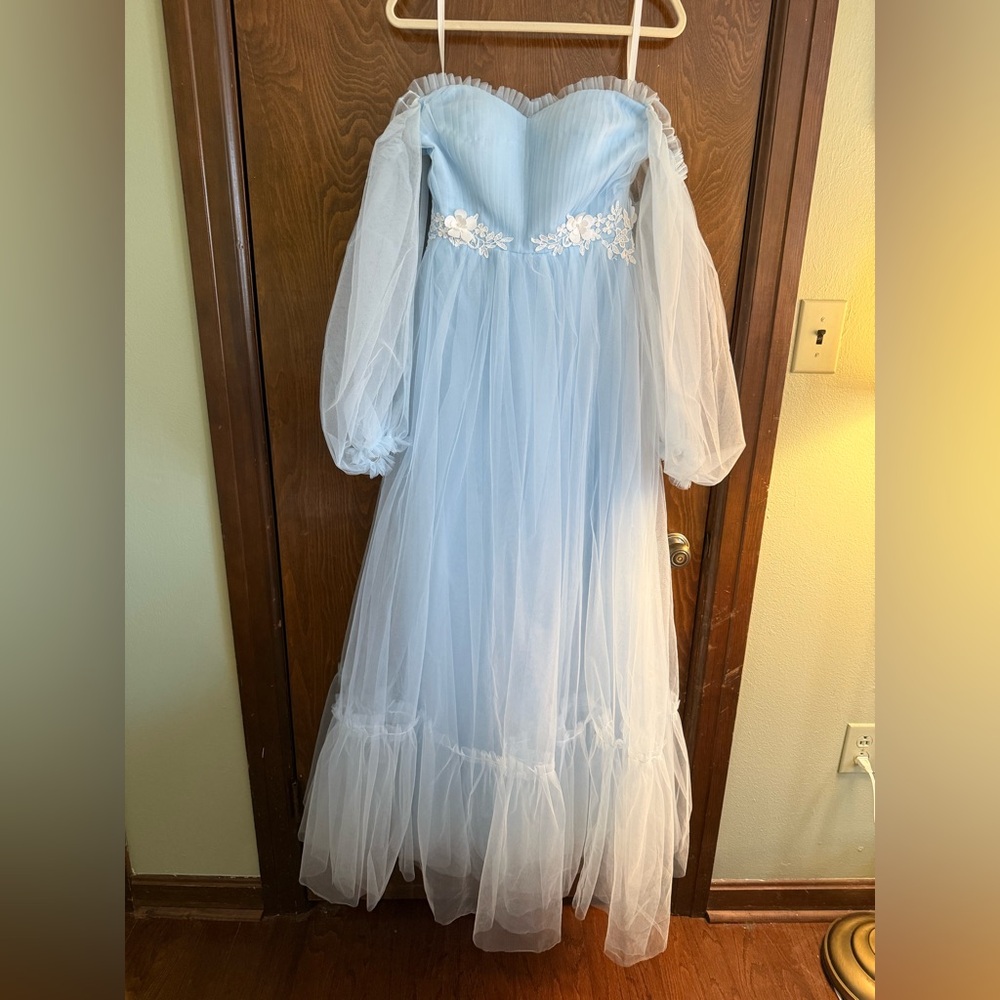 Elegant Light Blue Gown with Floral Accents